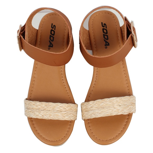 Tan Open Toe Raffia Straw Ankle Strap Flatform Wed - Picture 5 of 6